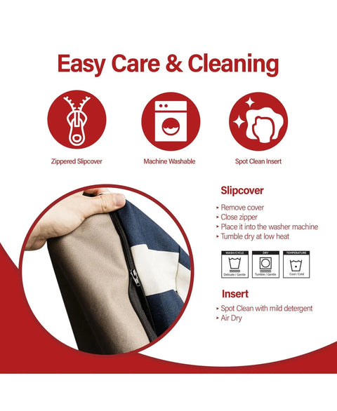 Infographic titled Easy Care & Cleaning for the Majestic Pet Towers Rectangle Dog Bed shows icons for a washable slipcover and spot-clean insert, with steps and an image of a hand unzipping the cover for easy care.