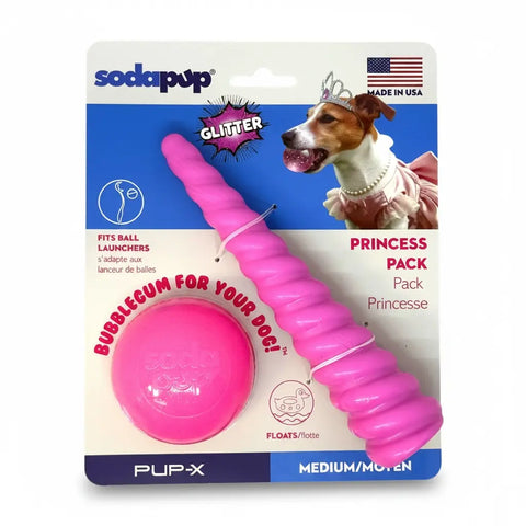 Princess Pack 2-Pack Dog Toy | Pink Glitter Ball + Unicorn Horn Chew Toy | USA Made SodaPup  Dog Toy Bundles