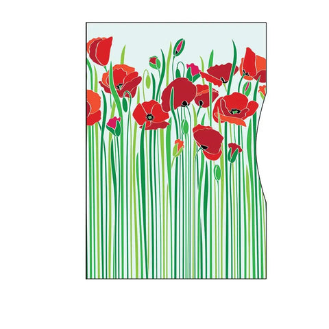 Illustration of tall green stems with red poppies and buds on light blue, framed with a wavy edge, evokes the elegance and style of Rogue Industries RFID Blocking Passport Sleeves for secure travel protection.