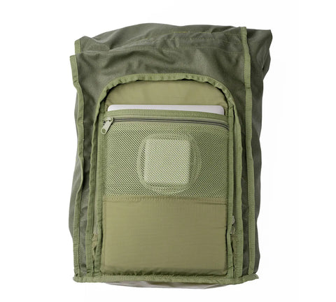 The MIS Roll Up Backpack - Multi Cam, 30L, is shown front-facing against a white background. It features a water-resistant design with a large zip compartment, outer mesh zip pocket, and smooth fabric pocket in camouflage print.