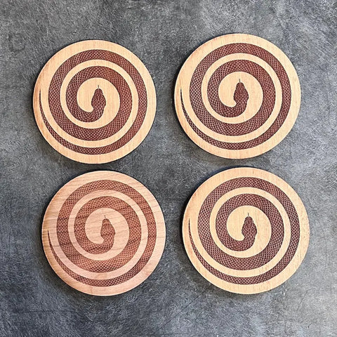 Set of 4 Laser-Engraved Wooden Snake Spiral Coasters – Durable Hardwood Drink Mats | Made in USA Words with Boards 