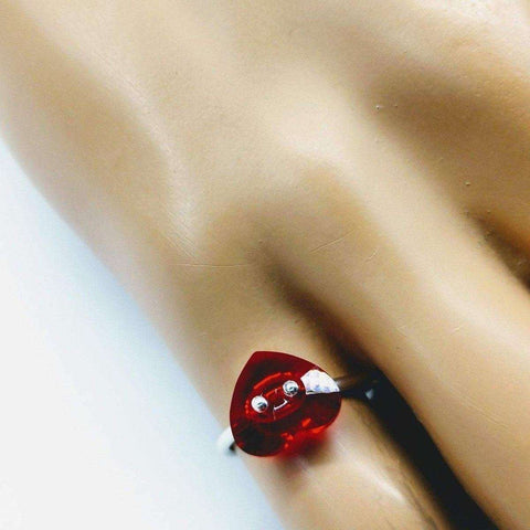 The I Love You Crystal Heart Bling Ring by Alexa Martha Designs features a sparkling Swarovski red heart on sterling silver, elegantly displayed on a mannequin hand against a white background—perfect for Valentines Day.