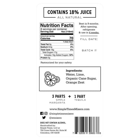 Simple Times 32oz Margarita Cocktail Mixer – Natural Lime and Organic Cane Sugar Blend | Made in USA Simple Times Mixers  32oz Single Bottle