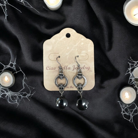 Skulls & Shadow: Antique Silver Dangle Earrings With Hematite Gemstone Michelle Marie Boutique  Earrings