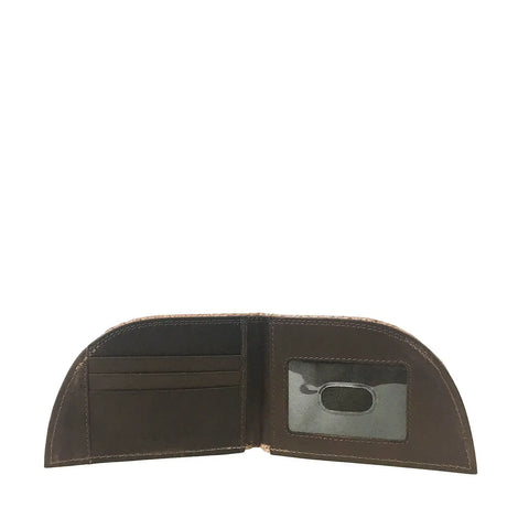 The Rogue Industries Rogue Front Pocket Wallet in Salmon Leather is shown open on a white background, displaying three card slots on the left and an oval-cutout clear ID window on the right.