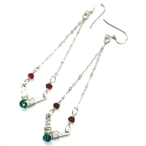 A pair of Alexa Martha Designs Sterling Silver Chevron Hot Pink Green Gemstone Earrings arranged on a white background, featuring handcrafted details.