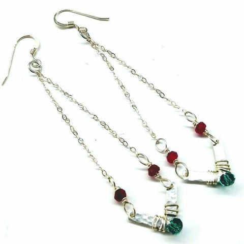 The Alexa Martha Designs Sterling Silver Chevron Hot Pink Green Gemstone Earrings feature hammered silver wire, vibrant pink and green beads, and hook fastenings, displayed on a white background.