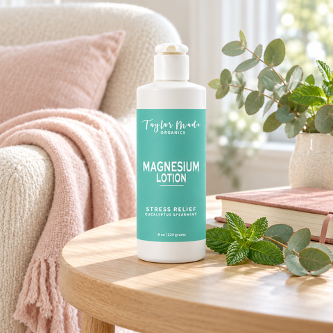 Organic Magnesium Lotion 8oz – Stress Relief Moisturizer With Eucalyptus Spearmint | Made in USA Taylor Made Organics  therapeutic lotion
