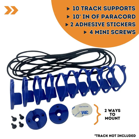 The Chatelet Manufacturing Suspension Bridge Kit for Hot Wheels Racetracks includes 10 blue supports, black paracord, wall connectors, stickers, and screws. Made in the USA; track not included. Expand your setup with varied mounting options.