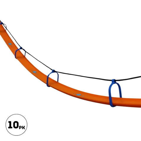 Close-up of an orange curved plastic track with black string and blue clips from the Chatelet Manufacturing Suspension Bridge Kit for Hot Wheels racetracks. A 10 PK label shows it includes 10 bridge supports, rope, and wall connectors. Made in the USA.