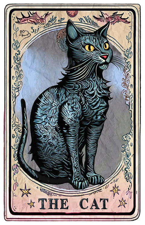 The NEW “Terot Card” poster by Skinny Petes Gourmet Catnip features a mystical black cat with yellow eyes, framed by decorative patterns and symbols, and labeled THE CAT—perfect handmade wall art for cat lovers.