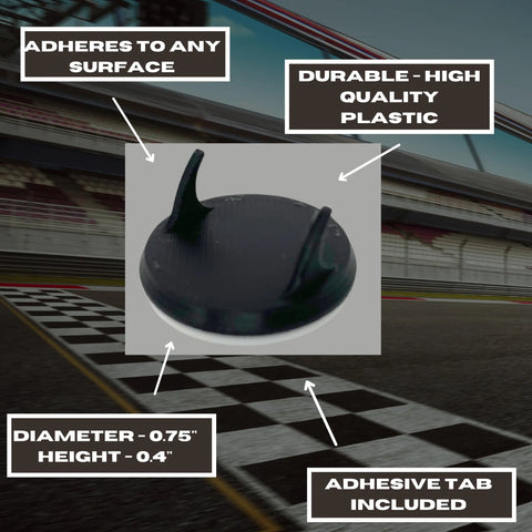 A small, round black plastic object by Chatelet Manufacturing is shown. Text highlights: perfect for Hot Wheels display, sticks to any surface, durable plastic, removable adhesive included. Size: 0.75 diameter, 0.4 height. Made in USA.