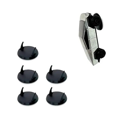 A set of five black clips with hooks and one silver and black geometric Toy Car Wall Display Organizer by Chatelet Manufacturing, compatible with Hot Wheels, arranged on a white background.