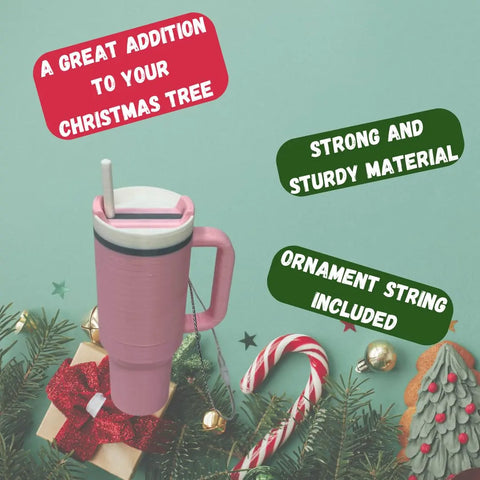The Chatelet Manufacturing Tumbler Cup Replica Christmas Ornament—a pink water bottle mug with straw—adds fun to your tree. Made in USA and built strong, it includes an ornament string. Perfect holiday decor for 2023!.