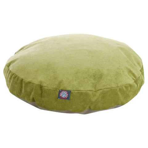 The Majestic Pet Villa Round Dog Bed in olive green features a removable, washable plush cushion and a small fabric tag with a circular logo on the side. Photographed on a white background.