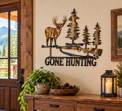Gone Hunting Deer Wall Art –  Handcrafted Metal Plaque, Rustic Finish | Made In USA Knights Home Decor  item