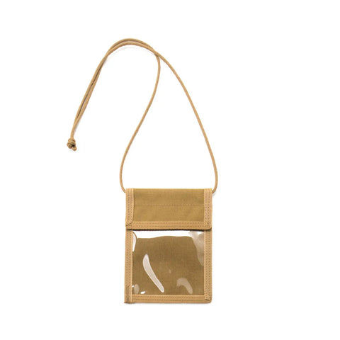 The MIS ID Passport Case in Coyote Brown features durable Cordura nylon, a clear plastic front pocket, and an adjustable strap. Displayed on a white background.
