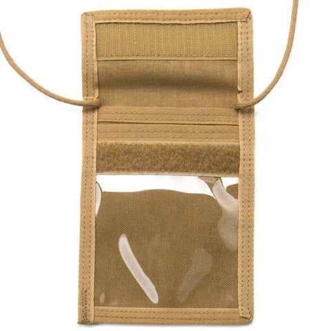 The MIS ID Passport Case in Coyote Brown is a Cordura nylon neck wallet with a clear window, Velcro closure, and neck strap, ideal for securely organizing IDs or small documents while traveling.
