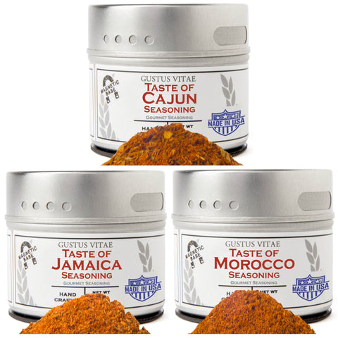 Gustus Vitae Gourmet Seasoning Trio – Cajun Jamaica Morocco Rubs | Made in USA Gustus Vitae  Collections & Gift Sets