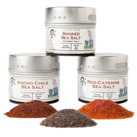 Artisan Gourmet Grilling Sea Salt Trio – Smoked, Cayenne, Ancho Chile | Made in USA Gustus Vitae  Collections & Gift Sets