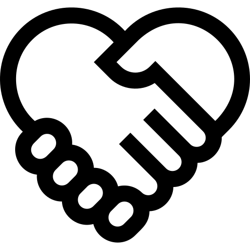 Black icon of two interlocking hands forming a heart shape on a white background