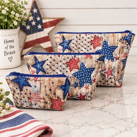 Patriotic Makeup Bag Set – Rustic Star Design Cosmetic Pouch Trio | Handmade Cotton Lining | Made in USA Frances Farm & Craft  Cosmetic bags