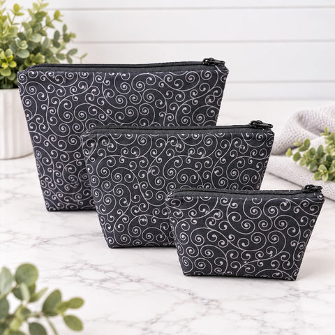 Handmade Black Cotton Makeup Bag With Silver Swirl Pattern – Small, Medium, Large Cosmetic Pouch | Made in USA Frances Farm & Craft  Cosmetic bags