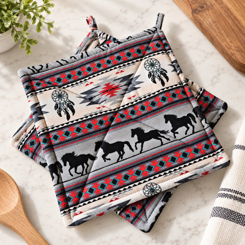 Southwestern Dreamcatcher Horses Pot Holder Set of 2 – 9 Inch Cotton Oven Mitts | Made in USA Frances Farm & Craft  Pot holders